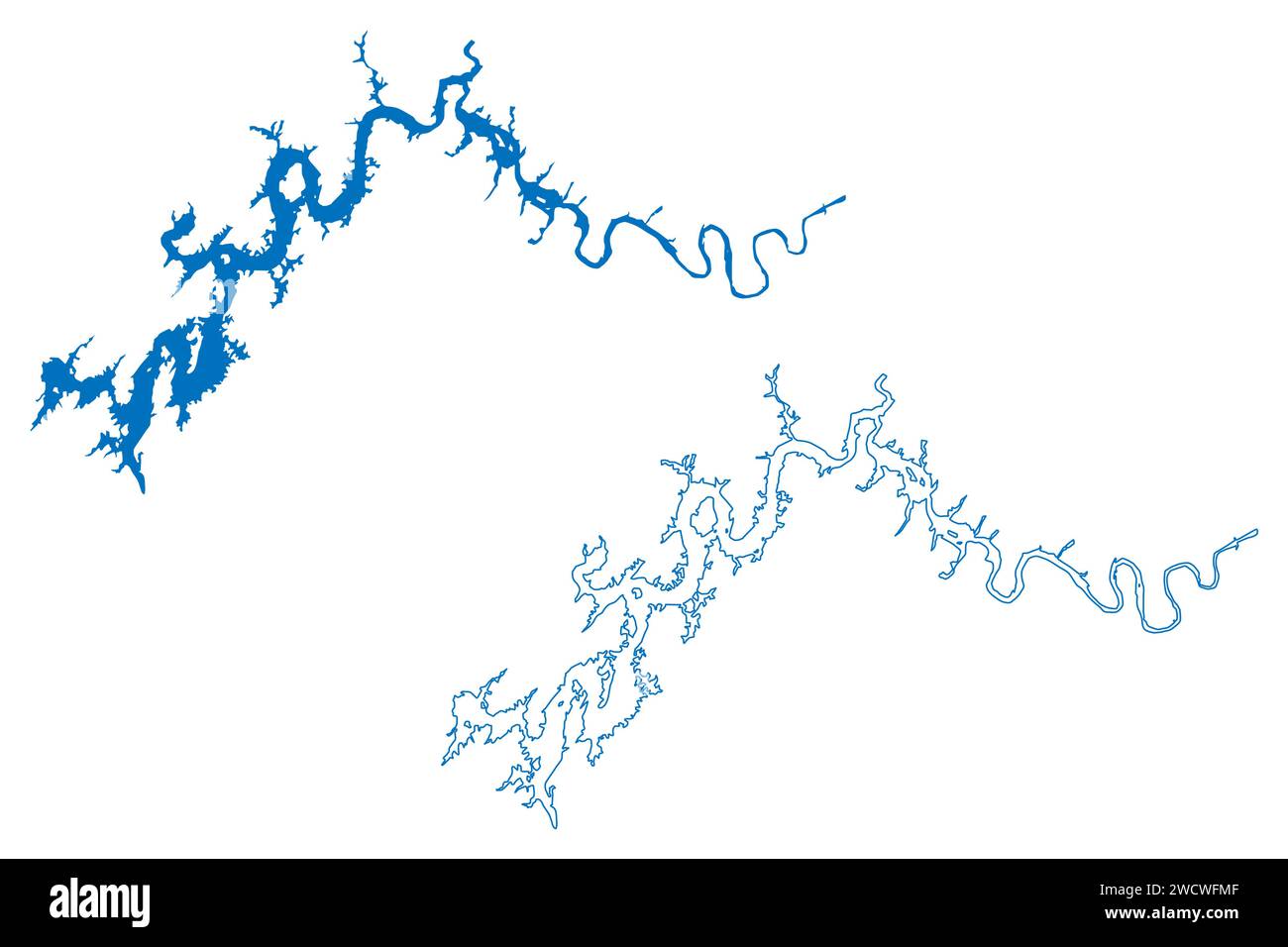 Mappa di Watts Bar Lake (Stati Uniti d'America, Tennessee) illustrazione vettoriale, schizzo di tracciatura Reservoir mappa di Watts Bar Dam Illustrazione Vettoriale