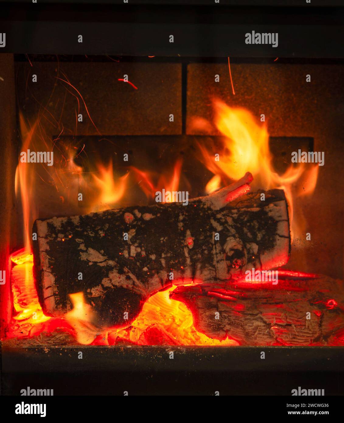 Bruciatore per tronchi con tronchi bruciati attraverso lo sportello di vetro Foto Stock