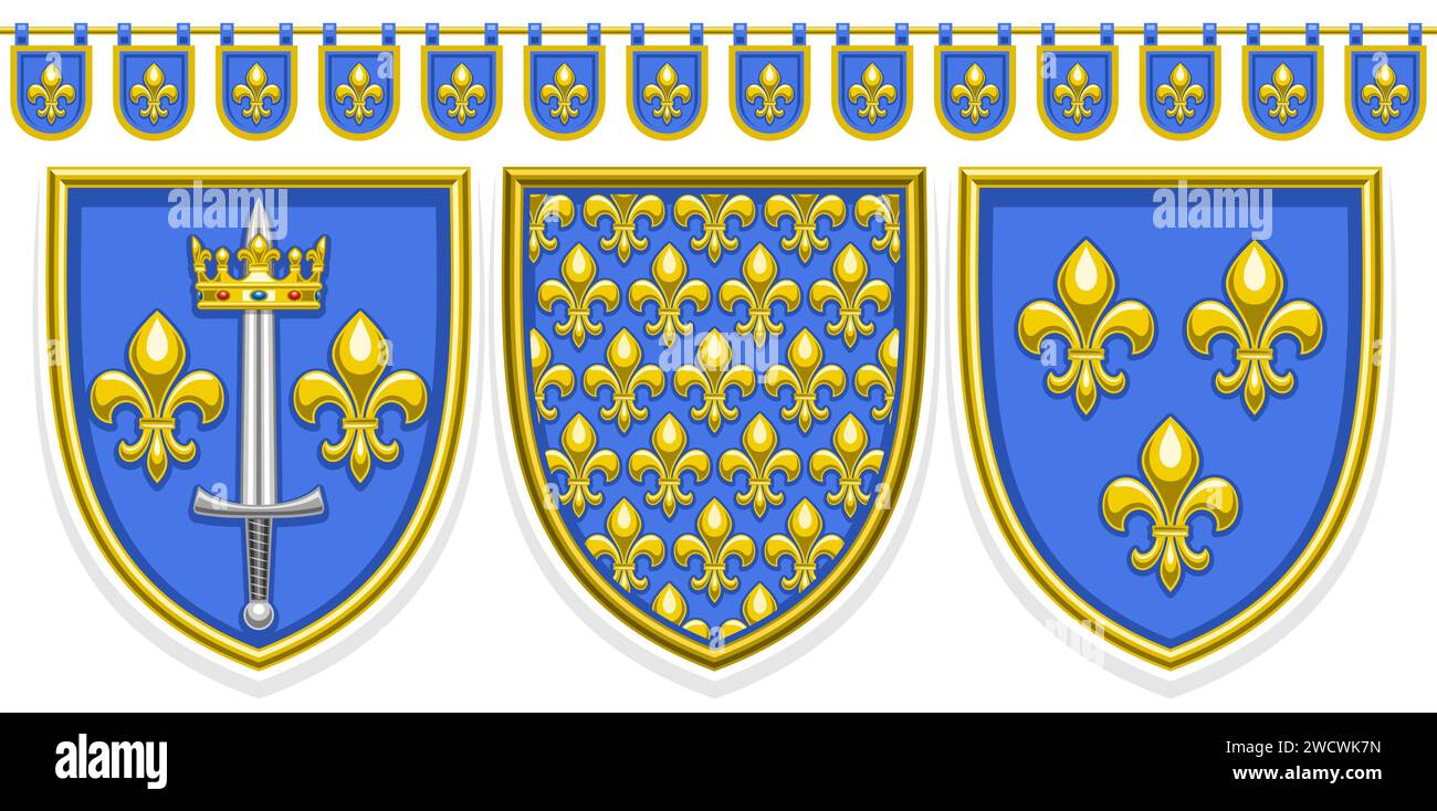 Vector Fleur de Lis Shields, striscione orizzontale con set di illustrazioni isolate di varietà stemma blu con fleur de lis giallo fiorisce e. Illustrazione Vettoriale
