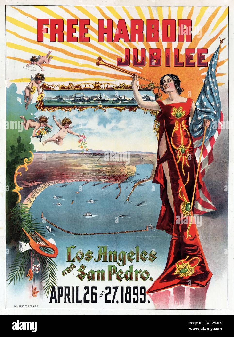 Free Harbor jubilee, Los Angeles e San Pedro - 26 e 27 1899 aprile. Una donna con un abito gioiello che soffiava un corno e una vista aerea del porto di Los Angeles, California - opere d'arte di J.F. Derby Foto Stock