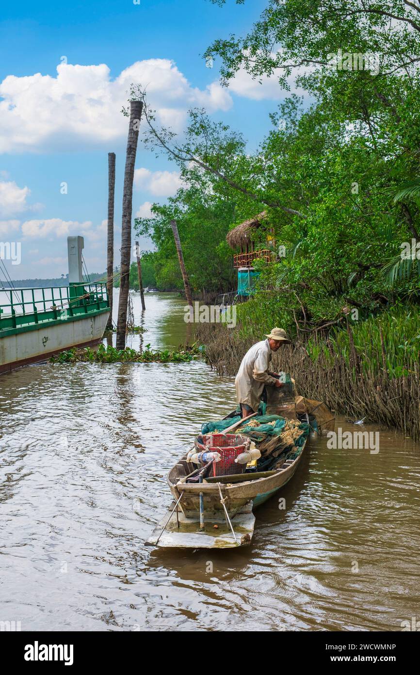 Vietnam, Delta del Mekong, provincia di Ben tre, Son Phu, le rive del fiume Ham Luong Foto Stock