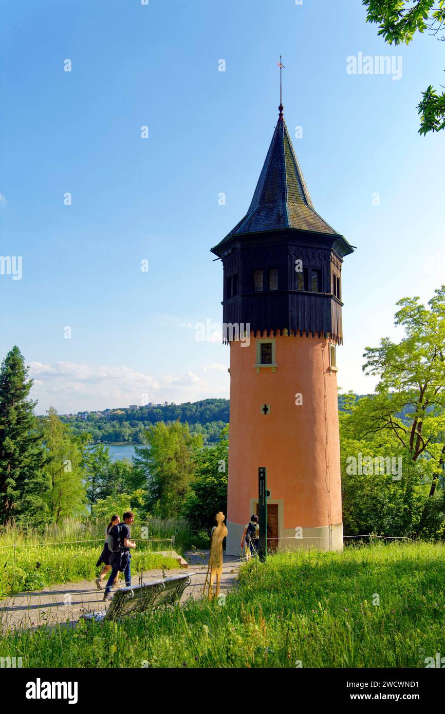 Germania, Bade Wurttemberg, Lago di Costanza (Bodensee), Isola di Mainau, isola giardino sul Lago di Costanza, torre Schwedenturm Foto Stock