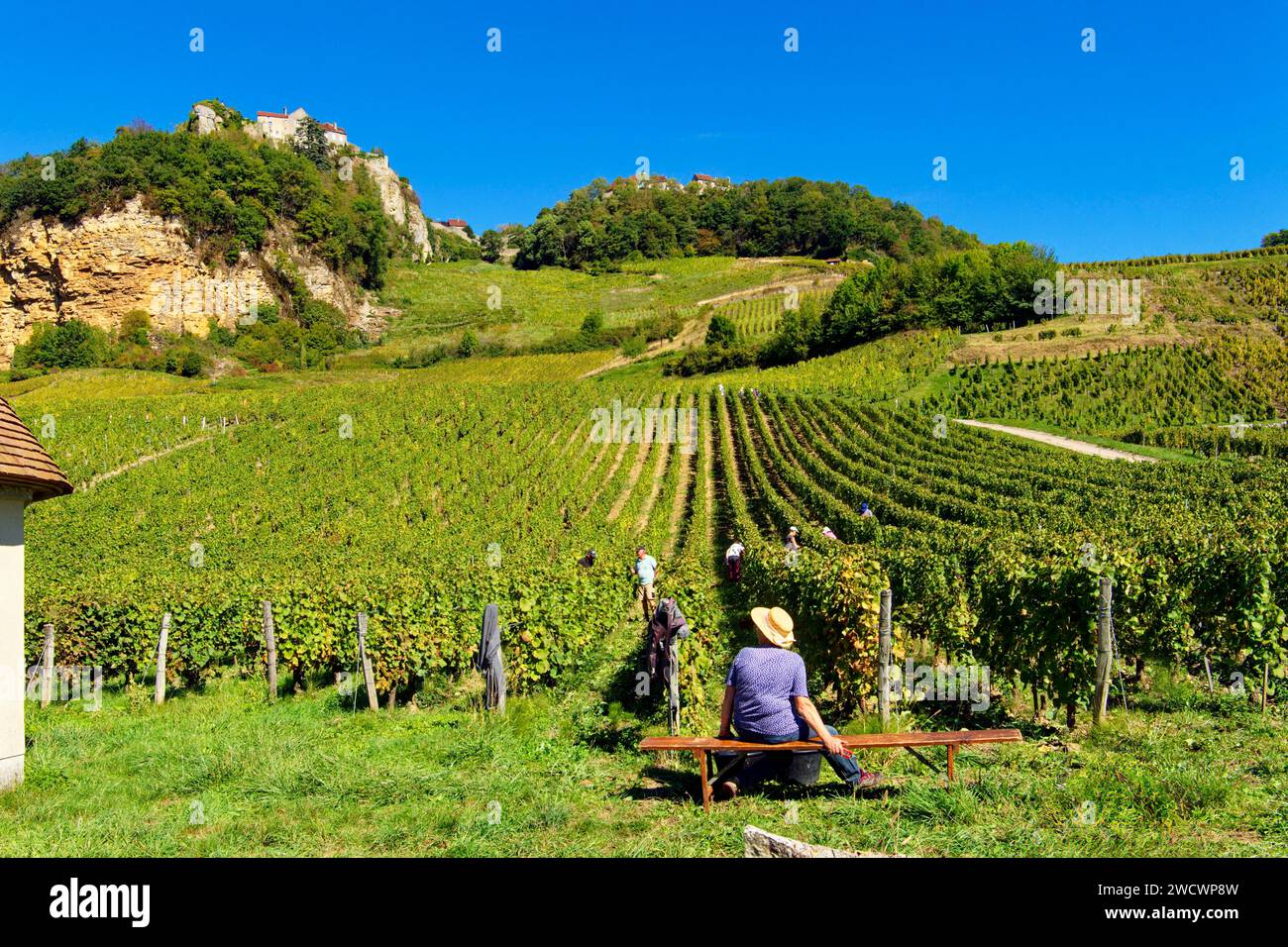 Francia, Giura, Chateau Chalon, etichettato Les Plus Beaux Villages de France (i più bei villaggi di Francia), su uno sperone roccioso che domina il vigneto AOC Chateau Chalon Foto Stock