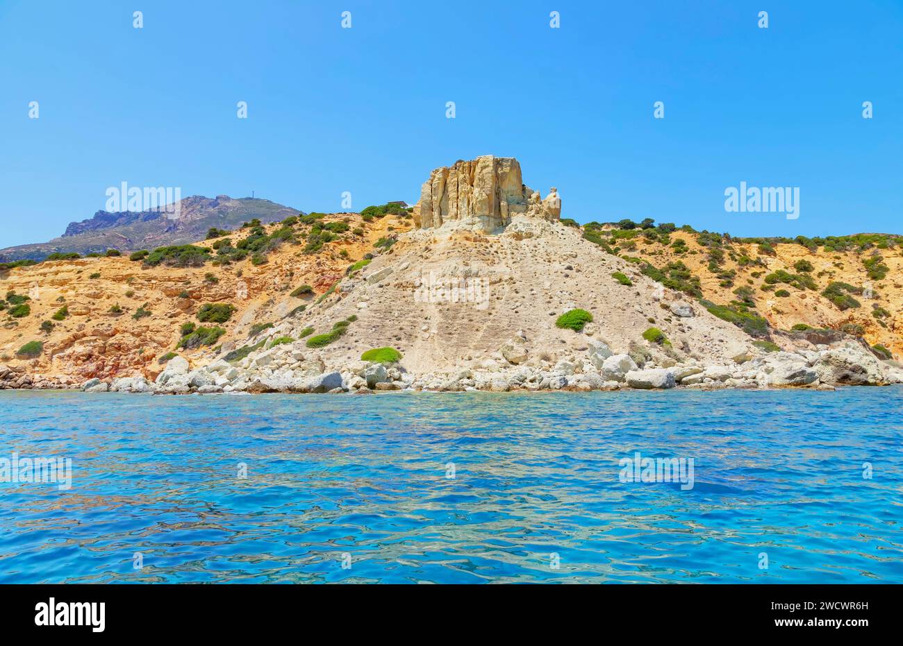 Grecia, Isole Cicladi, Isola di Milos, Vista della costa meridionale dell'Isola di Milos, Kleftiko Foto Stock