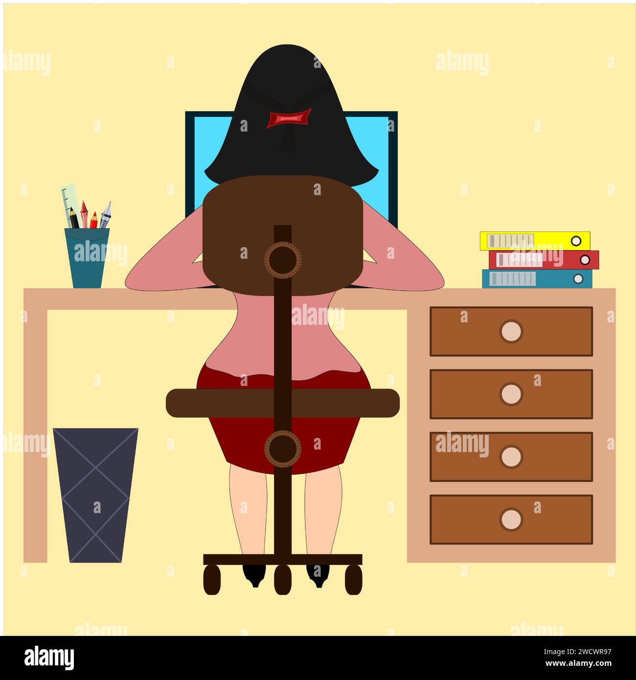 La donna dai capelli scuri con camicetta rosa e gonna rossa lavora con un computer in ufficio a un tavolo con quattro cassetti Illustrazione Vettoriale
