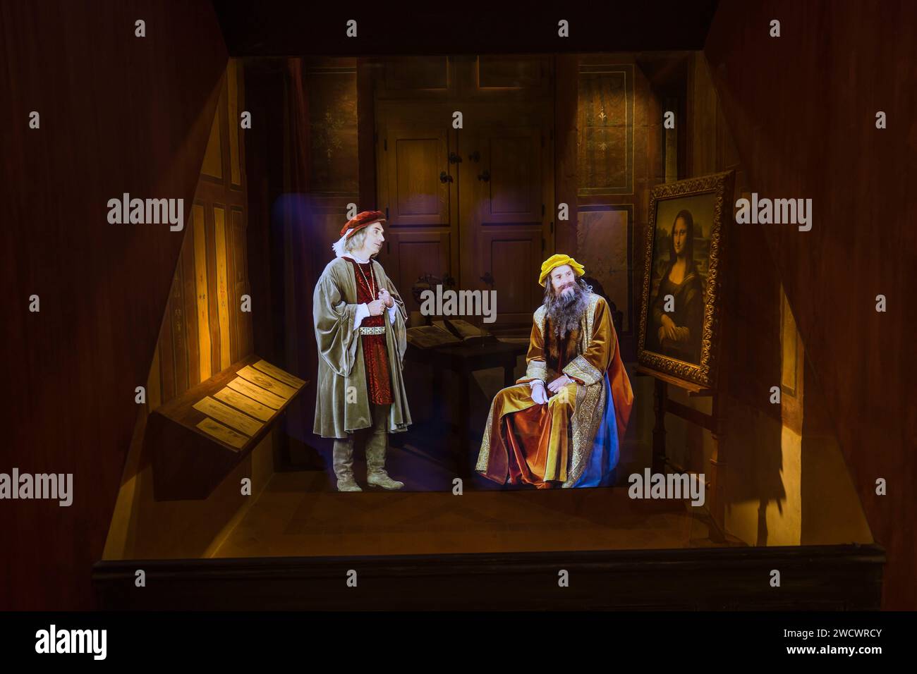 Francia, Indre-et-Loire (37), Amboise, regione Centro Valle della Loira, Castelli Valle della Loira, Valle della Loira Patrimonio Mondiale dell'Umanità, Castello di Clos Lucé, Parco Leonardo da Vinci (ultima casa di Léonard de Vinci), scenografia audiovisiva Foto Stock