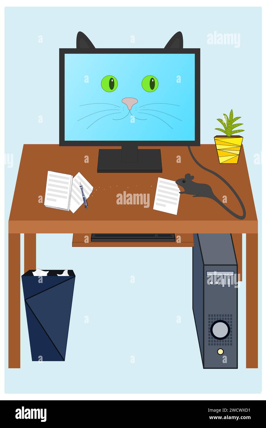 Il mouse del computer su una scrivania morde i documenti e un gatto dagli occhi verdi la guarda sul monitor Illustrazione Vettoriale