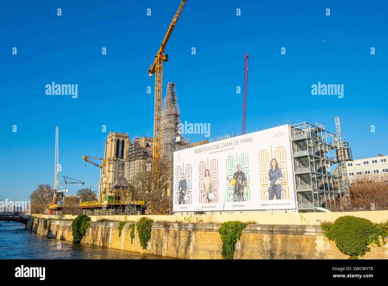 Francia, Parigi, rive della Senna, patrimonio dell'umanità dell'UNESCO, Ile de la Cite, cattedrale di Notre Dame de Paris, impalcature di restauro Foto Stock