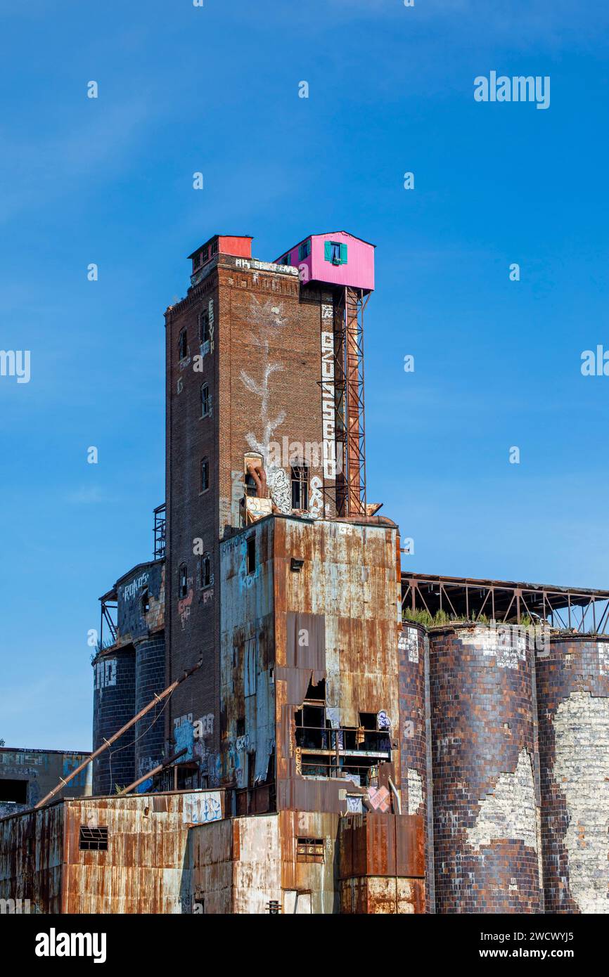 Canada, provincia di Quebec, Montreal, i dintorni del canale Lachine nella parte occidentale della città, i silos dell'ex fabbrica Canada Malting Co, la misteriosa piccola casa rosa in cima Foto Stock