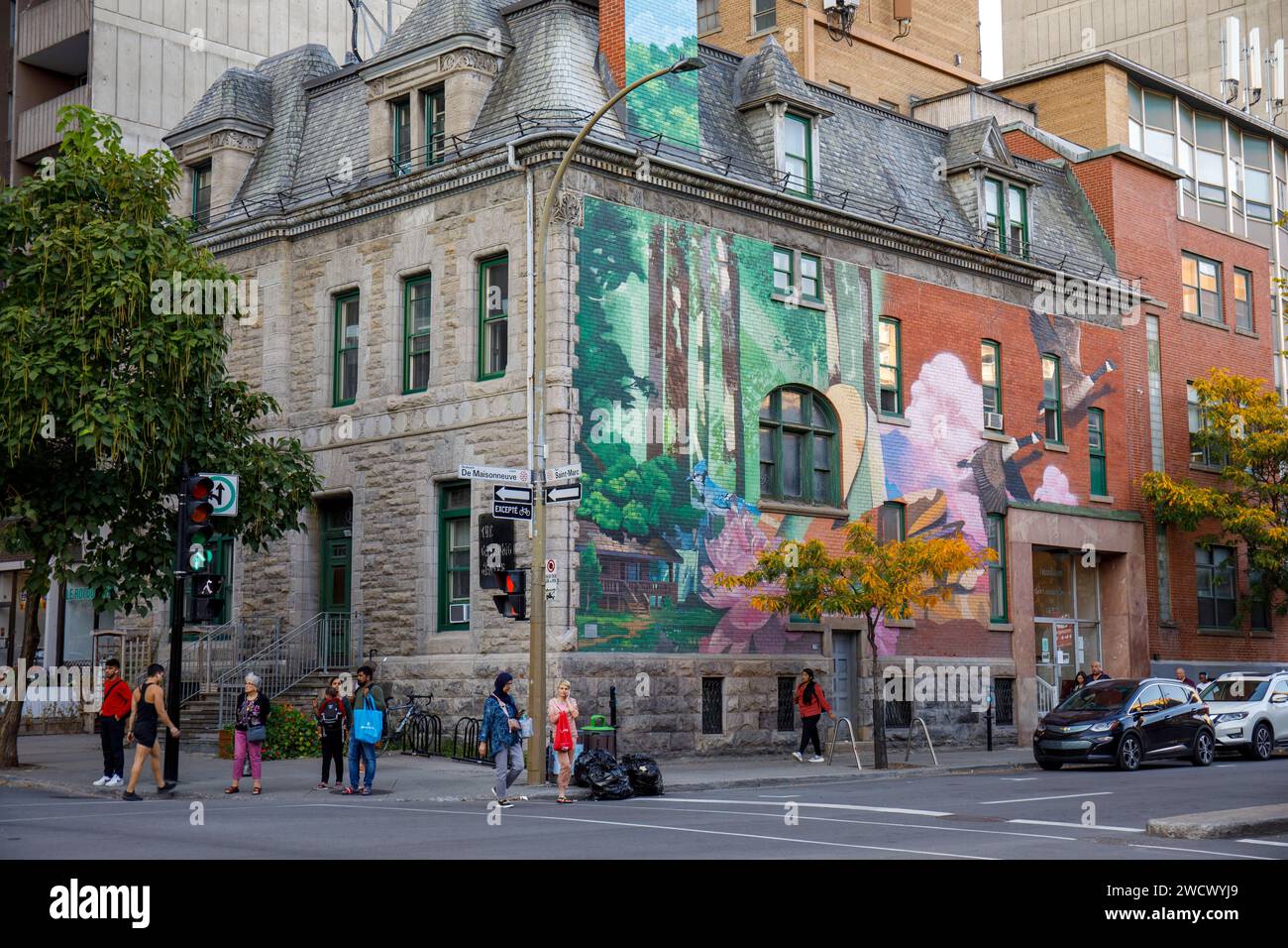 Canada, provincia di Quebec, Montreal, centro, quartiere ecologico Peter-Mc-Gill, il murale l'envol (2021) dell'artista Ankhone Foto Stock