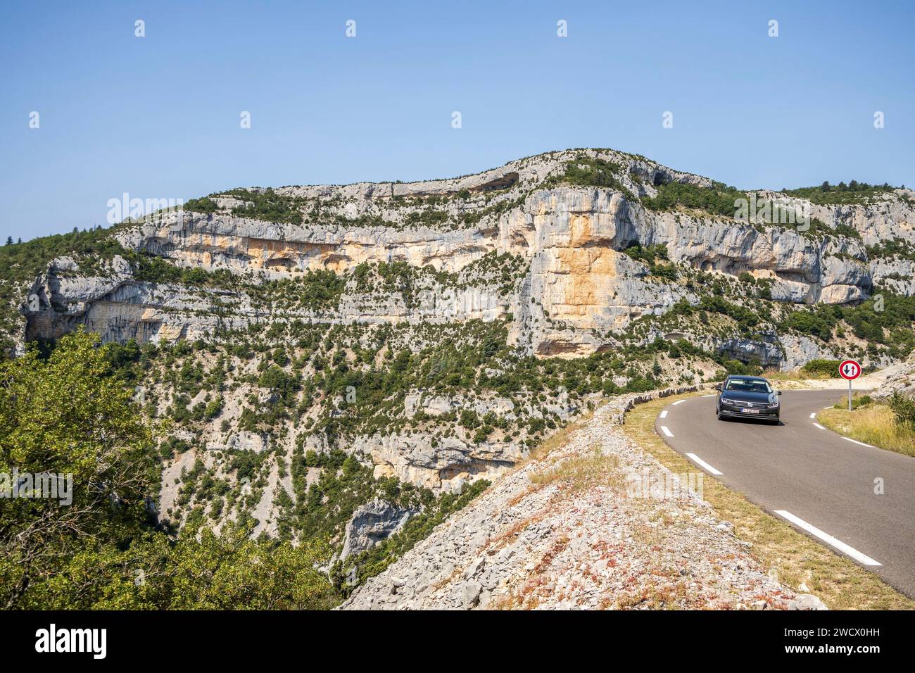 Francia, Vaucluse, Parc naturel régional du Mont Ventoux, Monieux, Gorges de la Nesque, strada D 942 tra Monieux e Villes-sur-Auzon, la roccia di Cire (853 m) sullo sfondo Foto Stock