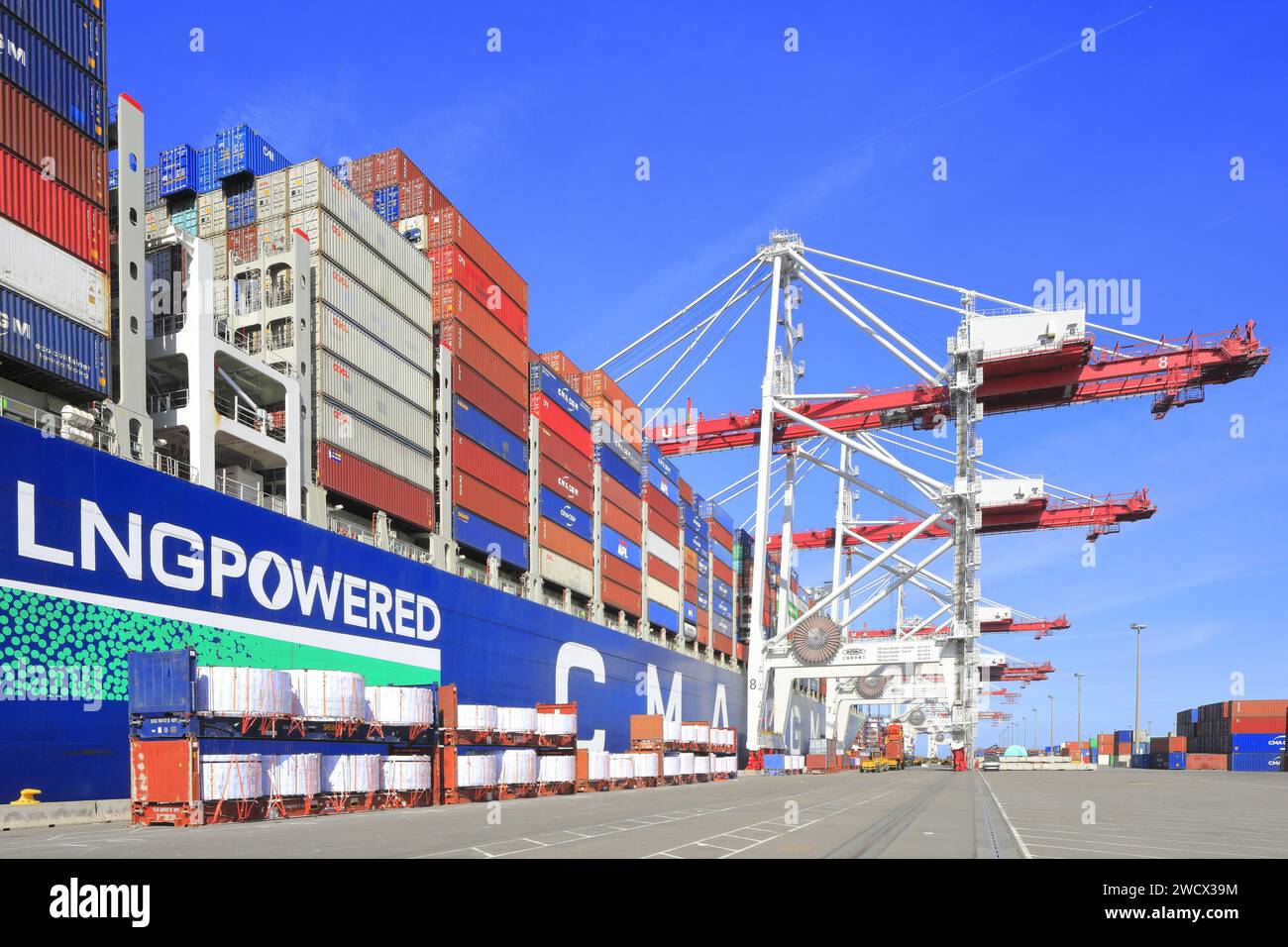 Francia, Nord, Dunkirk, Grand Port Maritime de Dunkerque (GPMD), zona di carico, scarico della nave container CMA CGM Concorde (lunghezza 400 metri) Foto Stock
