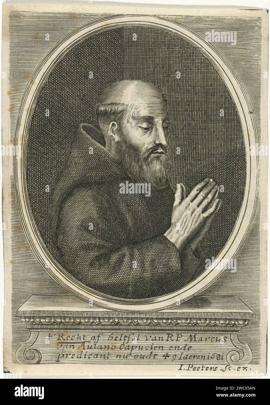 Ritratto di Marcus van Aulano, Jacob Peeters, stampa del 1681 Ritratto del monaco cappuccino e pastore Marcus van Aulano, all'età di 49 anni. Una didascalia a tre facce in olandese sulla scuderia Pieth. Incisione in carta Anversa Foto Stock Ritratto di Marcus van Aulano, Jacob Peeters, stampa del 1681 Ritratto del monaco cappuccino e pastore Marcus van Aulano, all'età di 49 anni. Una didascalia a tre facce in olandese sulla scuderia Pieth. Incisione in carta Anversa Foto Stock