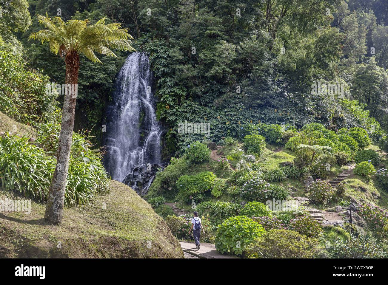 Portogallo, arcipelago delle Azzorre, isola di Sao Miguel, Parque Ribeira dos Caldeiroes, giovane donna che cammina su un sentiero nel mezzo di un parco con vegetazione esuberante dove scorre una cascata Foto Stock