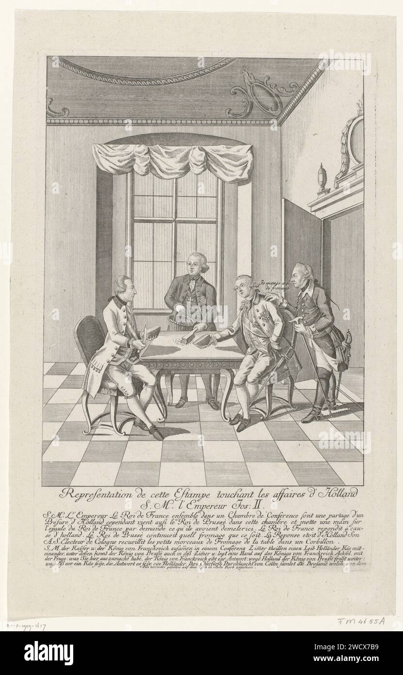 Cartoni del Trattato di Fontainebleau, 1785, Anonimo, 1785 - 1786 stampa Cartoon on the Peace CLOSED a Parigi, che pose fine alla guerra di Ketel, le dispute tra i Paesi Bassi e l'imperatore austriaco Giuseppe II, 8 novembre 1785. In una stanza, l'imperatore austriaco e il re francese Luigi XVI distribuiscono un formaggio olandese. Frederik van Prussia entra nella stanza e vuole anche essere il formaggio. L'elettore di Colonia pulisce le briciole dal tavolo. Nella didascalia una spiegazione dello spettacolo in francese e tedesco. Francia (possibilmente) carta incisione/incisione formaggio Foto Stock