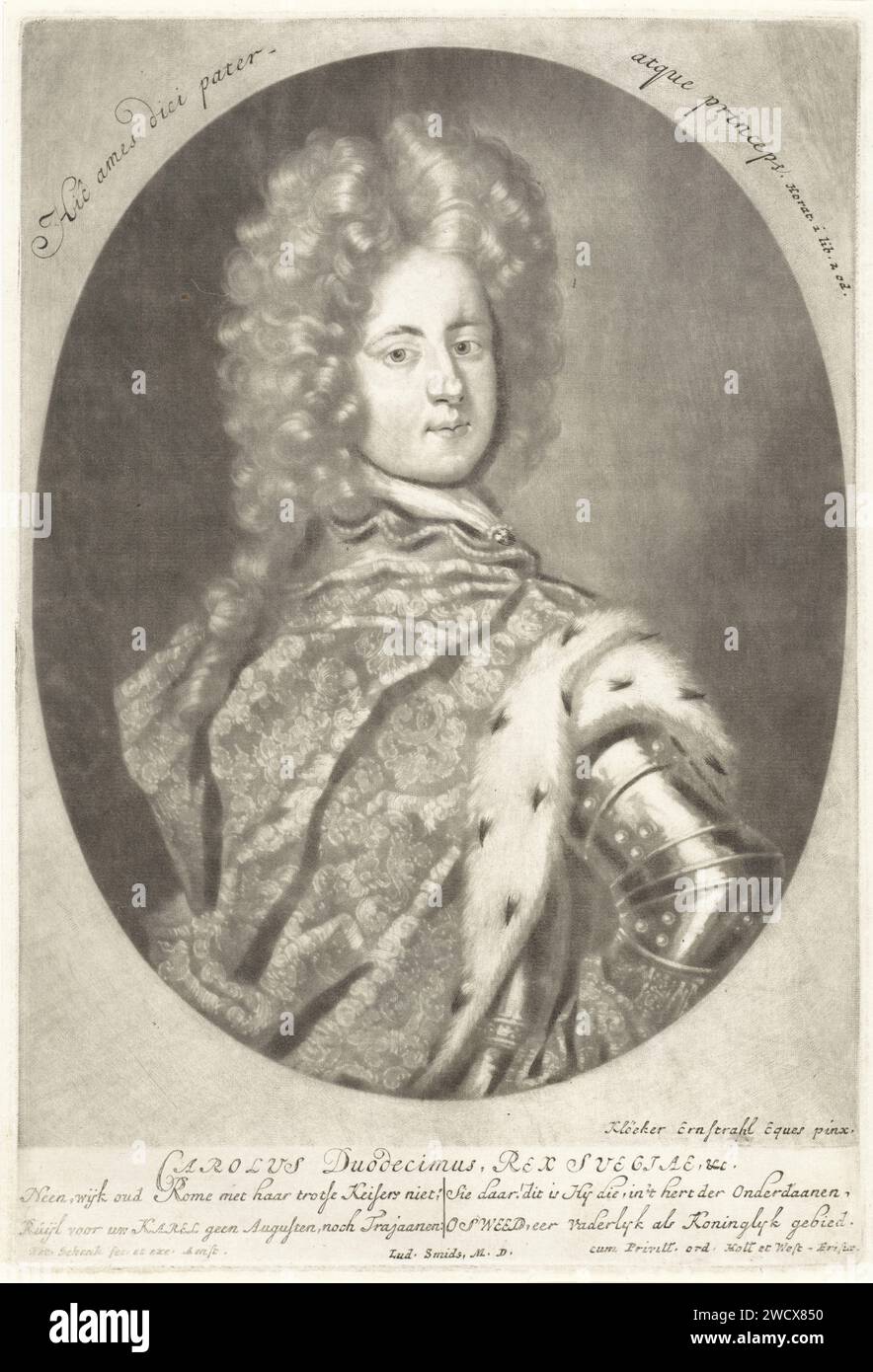 Ritratto di Carlo XII, re di Svezia, Pieter Schenk (i), dopo David Ehrenstrahl, 1670 - 1713 stampa Amsterdam carta incisione parrucca. cablaggio Foto Stock