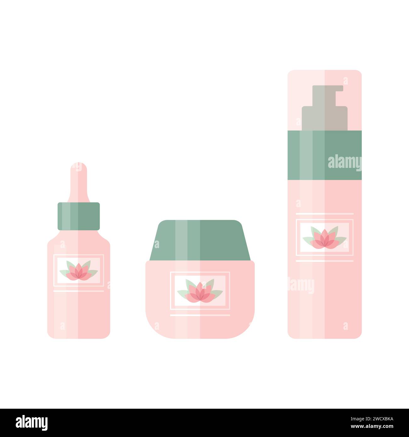 Set di prodotti cosmetici come schiuma detergente, siero viso e crema. Biberon per una cura della pelle decorati con il logo del fiore di loto. Illustrazione vettoriale Illustrazione Vettoriale