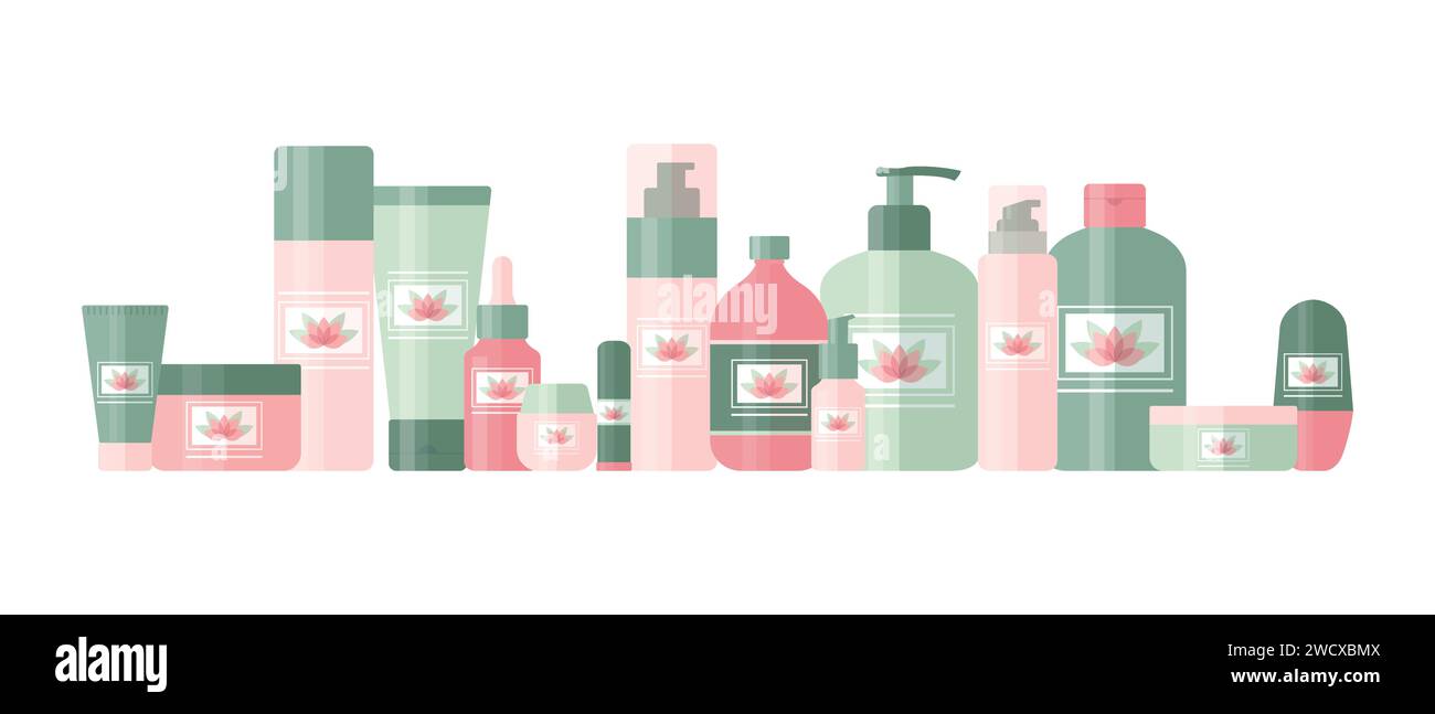 Grande set di prodotti cosmetici per la bellezza e la cura della pelle. Bottiglie e tubi decorati con il logo del fiore di loto. Illustrazione vettoriale Illustrazione Vettoriale