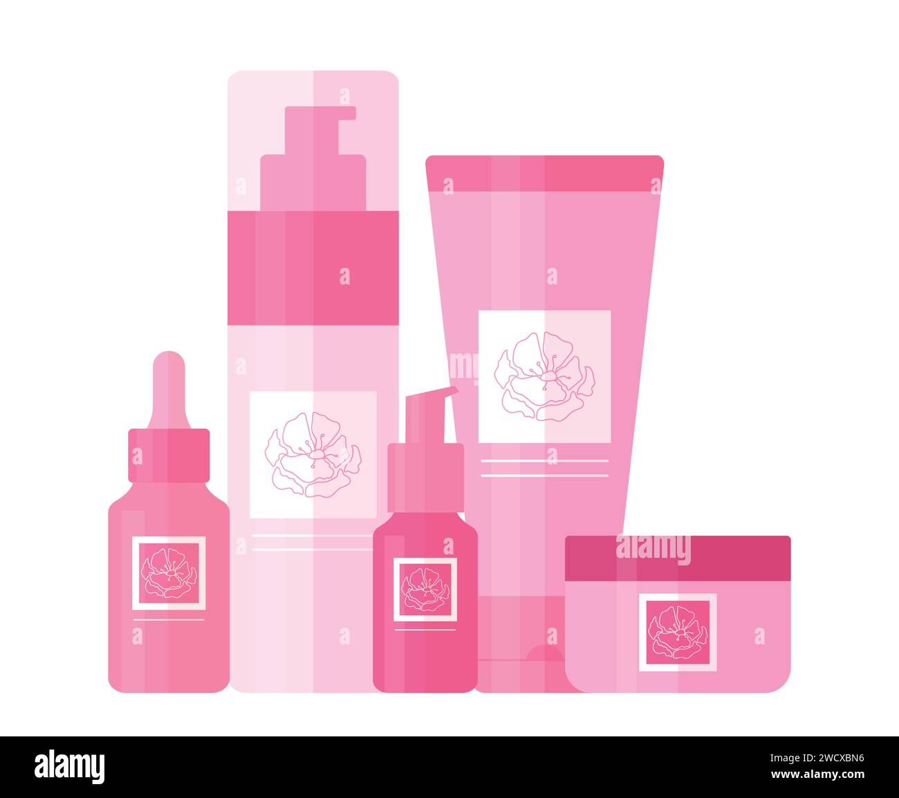 Set di prodotti cosmetici come gel detergente, toner, siero viso e crema. Bottiglie e tubi per la bellezza e la cura della pelle decorati con outlin di fiori rosa Illustrazione Vettoriale