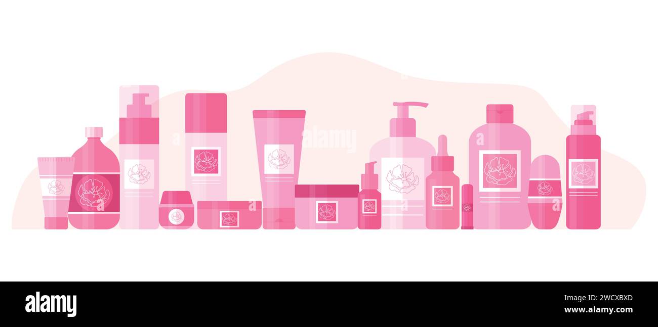 Grande set di prodotti cosmetici per la bellezza e la cura della pelle. Bottiglie e tubi decorati con il logo del fiore rosa. Illustrazione vettoriale Illustrazione Vettoriale