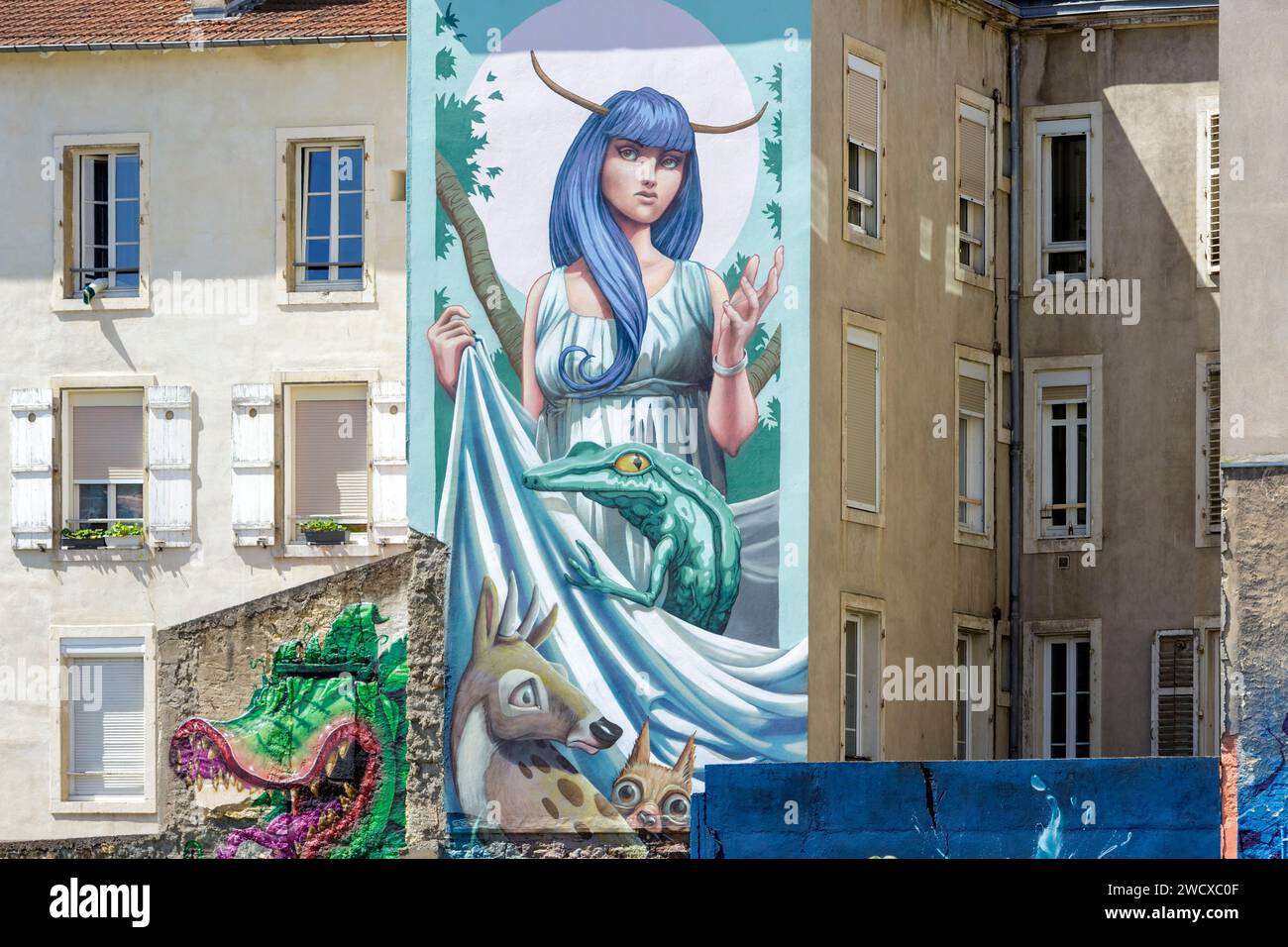 Francia, Meurthe et Moselle, Nancy, affresco e murale dell'artista di strada Bungle CED sulla facciata di un condominio che guarda verso il giardino della scuola tecnica Loritz che rappresenta una donna in riferimento allo stile Art Nouveau e l'Ecole de Nancy (scuola di Nancy) situata in Rue des Tiercelins Foto Stock