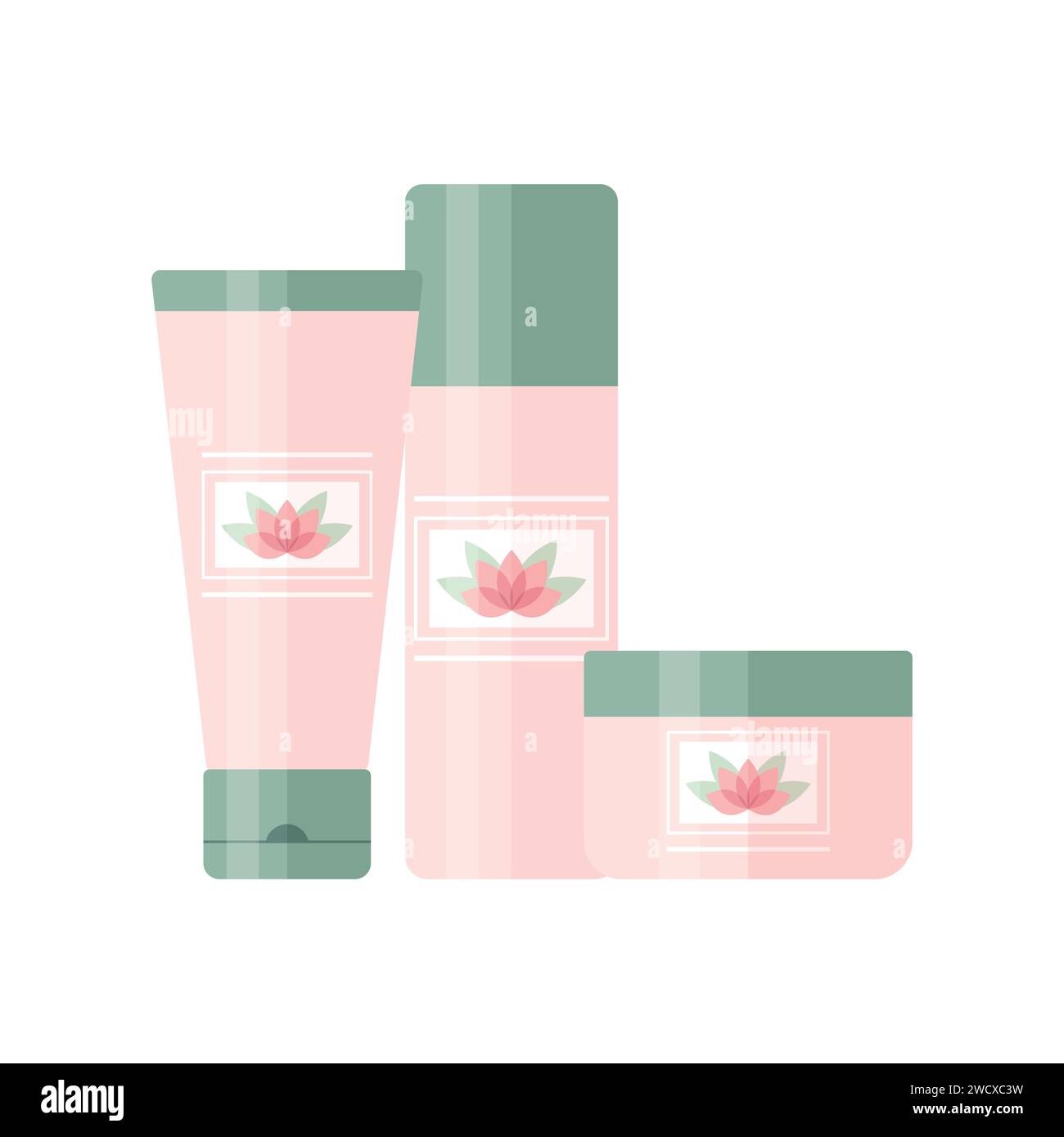Set di prodotti cosmetici come gel detergente, toner e crema viso. Bottiglie e tubi per la bellezza e la cura della pelle decorati con il logo del fiore di loto. Vettore Illustrazione Vettoriale