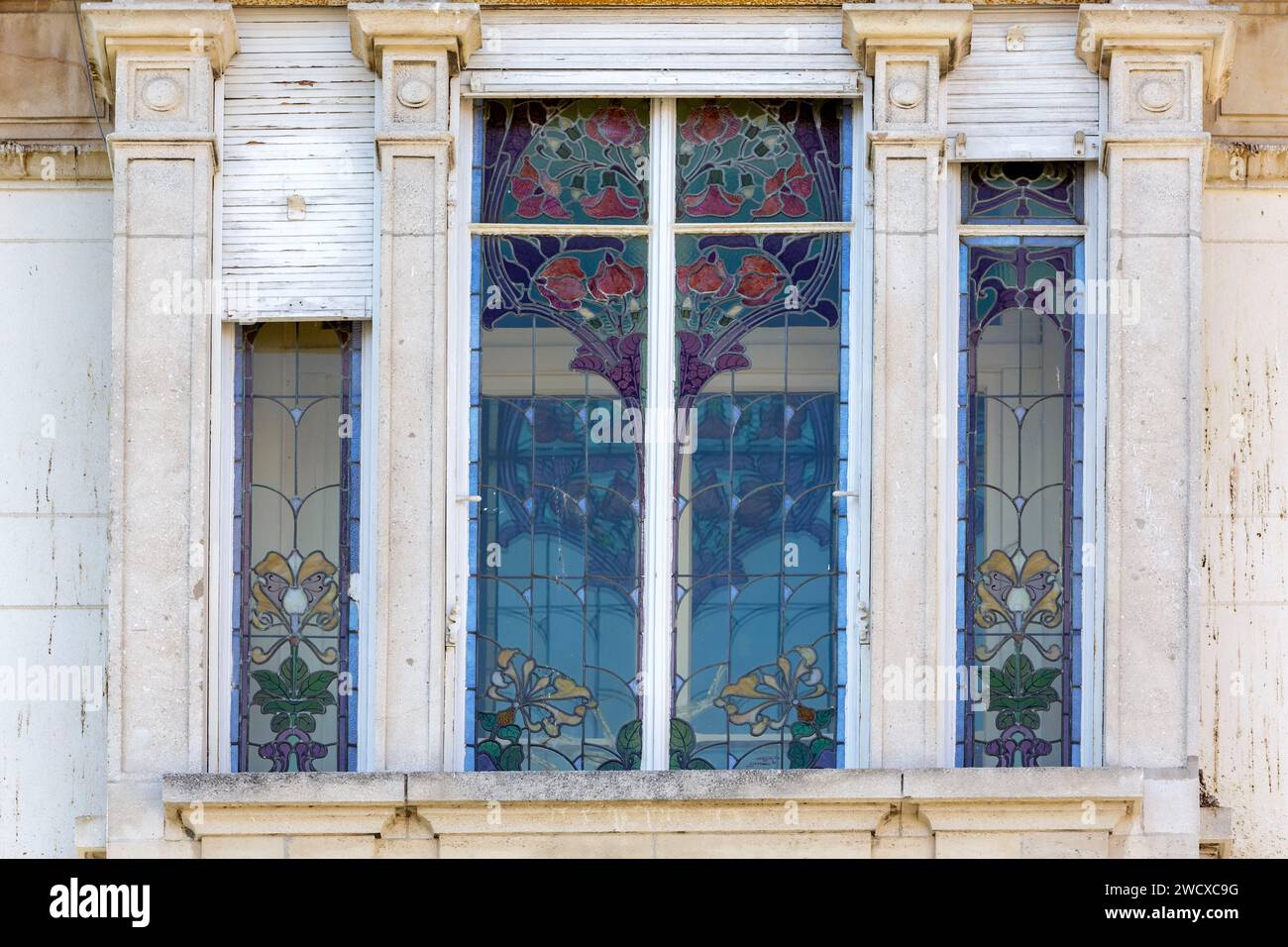 Francia, Meurthe et Moselle, Nancy, finestra di un condominio in stile Art Nouveau con una vetrata realizzata dal maestro vetraio di Nancy Georges Janin nel 1909 in Rue Pasteur Foto Stock