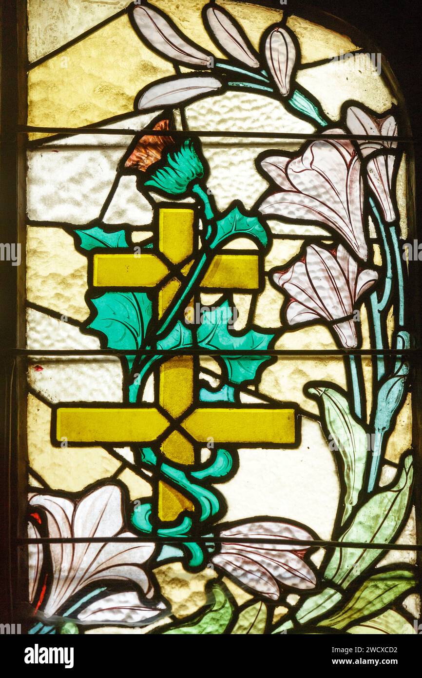 Francia, Meurthe et Moselle, Nancy, vetrata colorata sullo specchio di poppa della porta dell'edificio di appartamenti Art Nouveau chiamato Ducret, edificio degli architetti Emile Andre e Paul Charbonnier costruito nel 1910 che rappresenta la croce di Lorena e un cardo realizzato nel 1909 dal maestro vetraio Georges Janin in in Rue Jeanne d'Arc Foto Stock