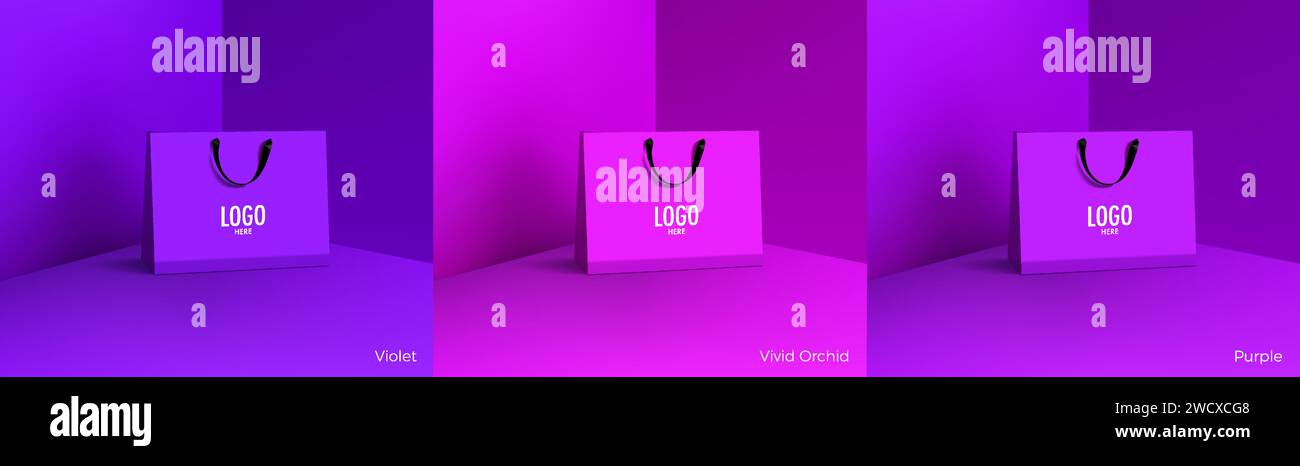 Sacchetto di carta per la spesa. Set di mockup di shopping bag realistiche per il branding e il design dell'identità aziendale. Modello di imballaggio in carta. Per la promozione, sconto Illustrazione Vettoriale