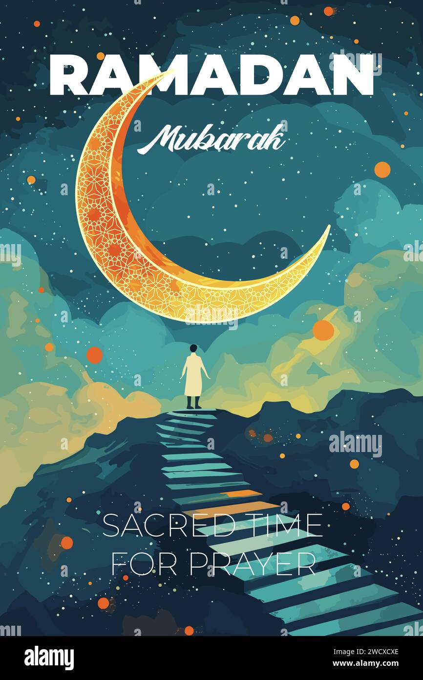 Poster del mese santo islamico Ramadan Kareem. I credenti musulmani pregano sulla montagna con le scale sotto la mezzaluna dorata. Cartello festivo EID Mubarak. L'Islam celebra l'arte moderna e alla moda tipografia eps Concept Illustrazione Vettoriale