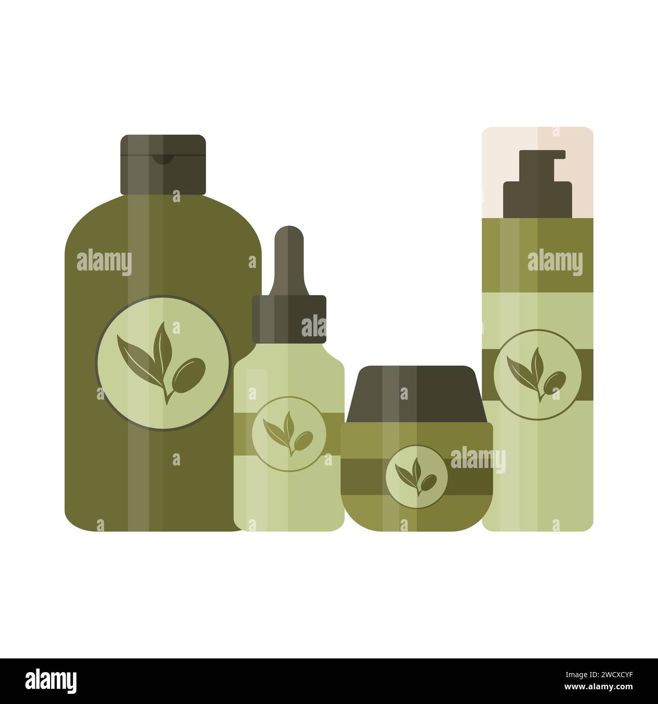Set di prodotti cosmetici come schiuma detergente, toner, siero viso e crema. Bottiglie e tubi per la cura della pelle e della bellezza decorati con il logo del ramo di oliva Illustrazione Vettoriale