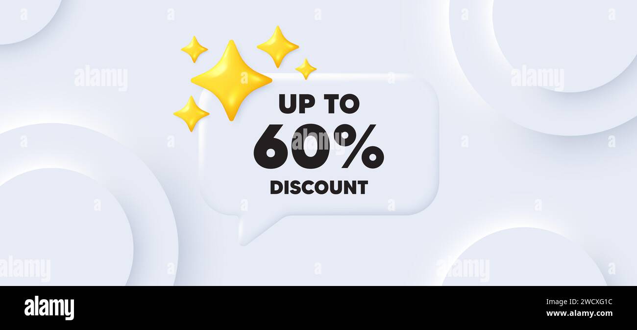 Fino al 60% di sconto. Cartello prezzo offerta di vendita. Sfondo neumorfico. Vettore Illustrazione Vettoriale
