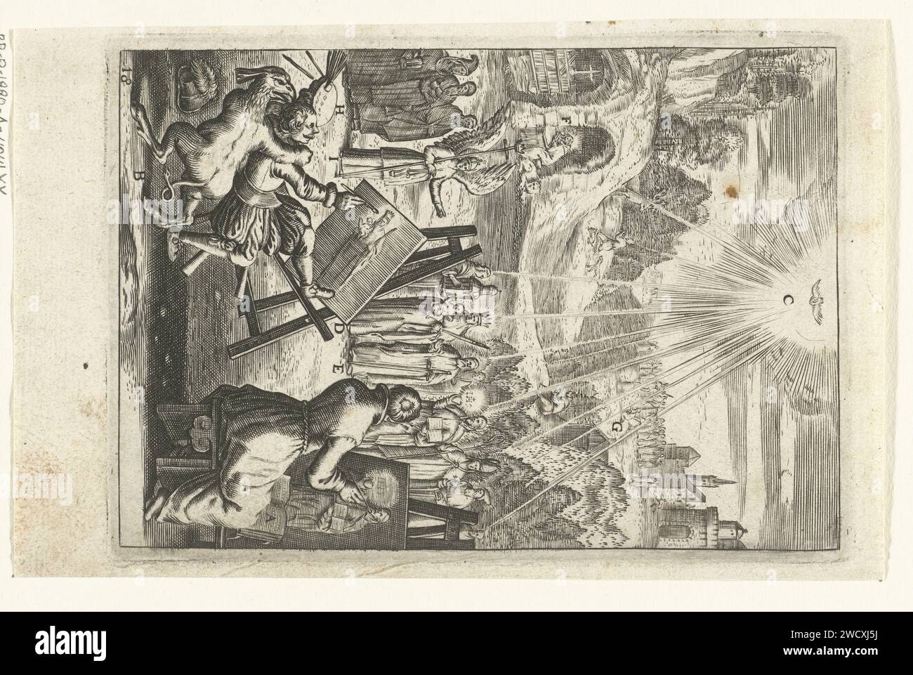 Emblema con uomini che dipingono ritratti di santi per seguire il loro esempio, Anonimo, dopo Boëtius Adamsz. Bolswert, 1623 stampa due uomini e uno spirituale siedono dietro un cavalletto e dipingono ritratti di un santo. Un angelo mostra loro un gruppo di santi al cui esempio possono vivere. Il diavolo ostacola uno degli uomini a dipingere, lo tira da dietro il suo sgabello. Carta di Anversa che incide la vita dell'uomo Foto Stock