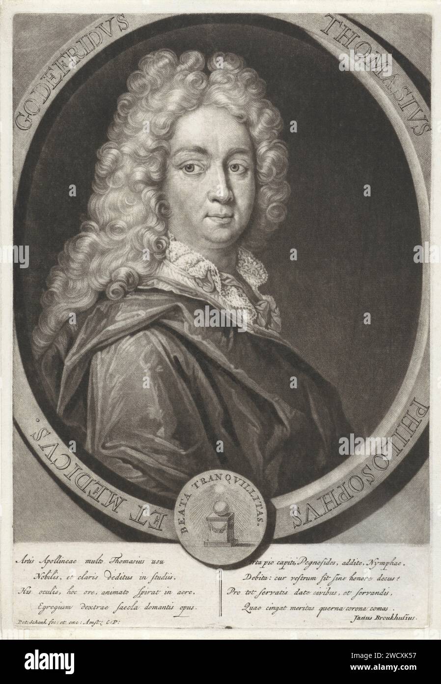 Ritratto di Godfried Thomas, Pieter Schenk (i), 1670 - 1713 stampa Godfried Thomas, medico di Norimberga. Indossa una parrucca. Parrucca per incisione in carta Amsterdam Foto Stock