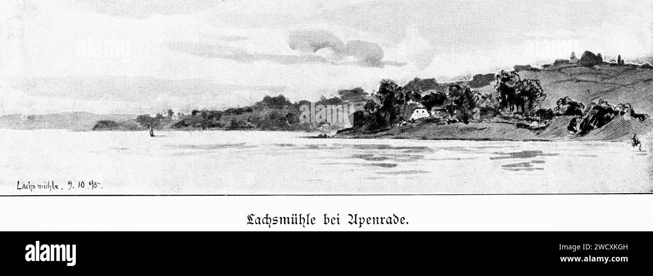 Lachsmühle nei pressi di Apenrade, fiordo di Apenrade, Mar Baltico, Jutland, Danimarca, poi Ducato Schleswig, oggi Danimarca, Schleswig-Holstein, Germania, Europa, Foto Stock