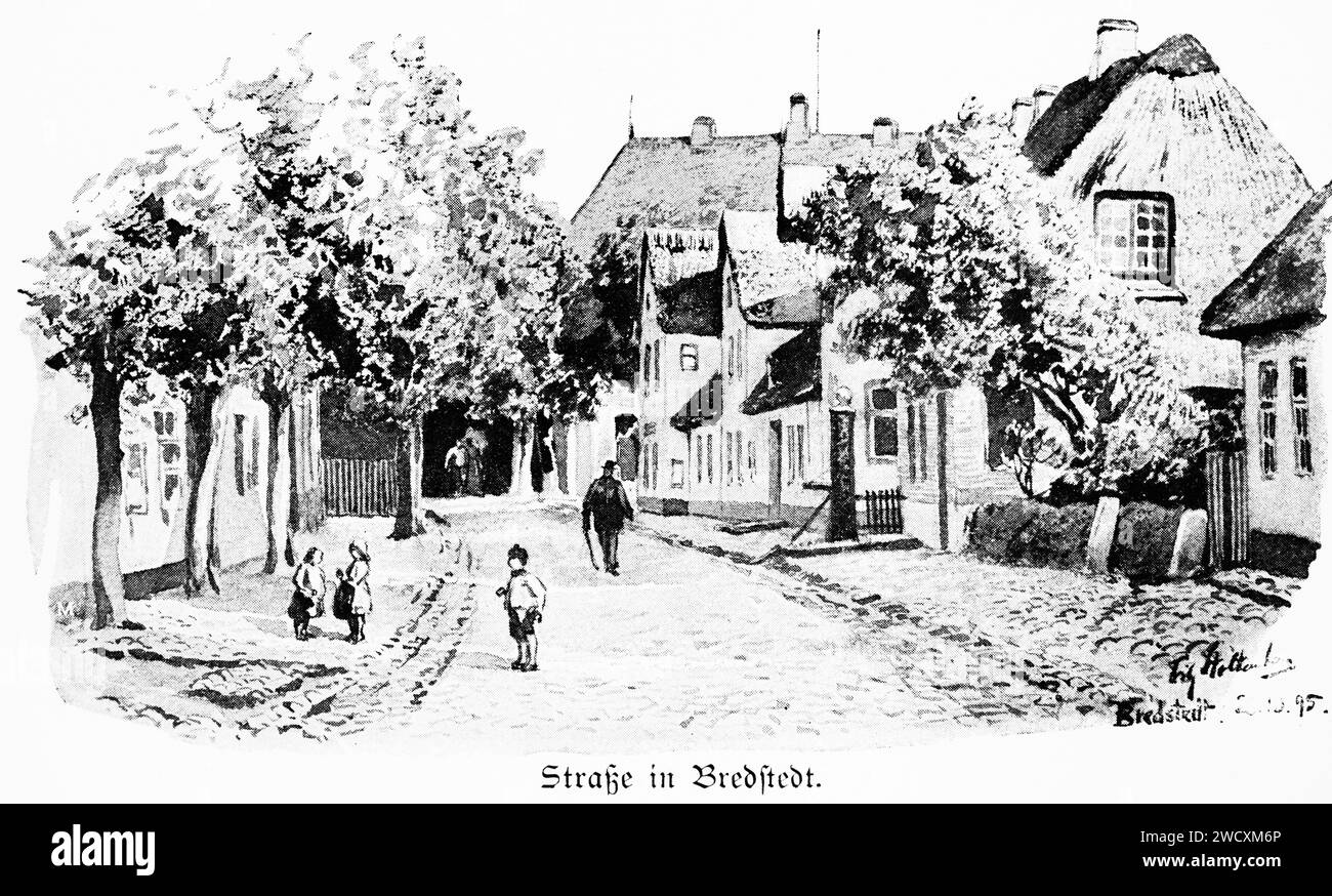 Strada di ciottoli nella città di campagna di Bredstedt, Frisia settentrionale, oggi Schleswig-Holstein, poi Ducato di Schleswig, Germania settentrionale, Europa centrale Foto Stock