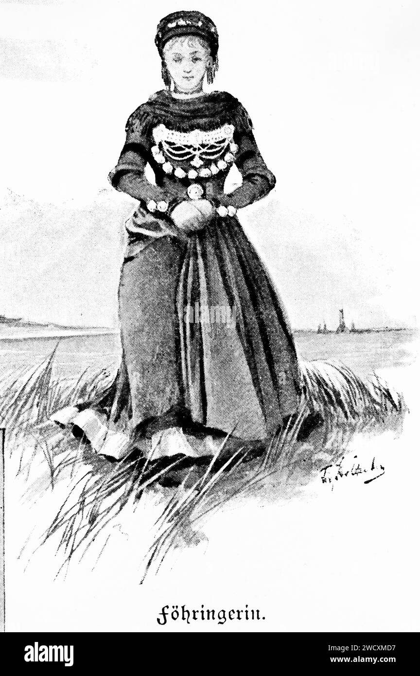 Giovane donna con costume tradizionale dell'isola di Föhr, oggi Mare del Nord, Frisia del Nord, Schleswig-Holstein, ex Ducato di Schleswig, Germania settentrionale, Foto Stock