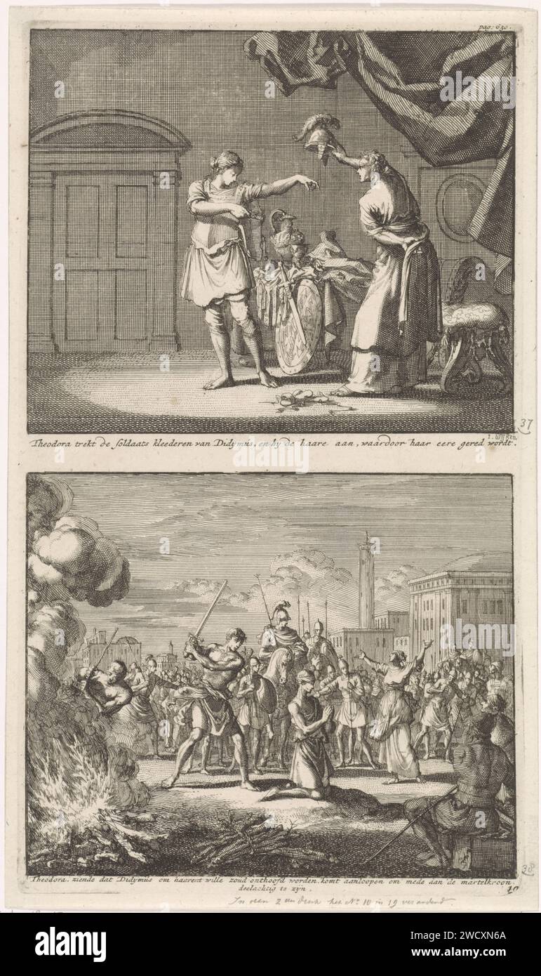 La Santa Teodora è liberata da Didymus e la morte per tortura di San Teodora e Didymus, Jan Luyken, 1700 stampa due spettacoli su un piatto. Sopra: La Santa Teodora attrae i vestiti dei soldati di dimo. Per esempio, è scappata da un bordello dove era rinchiusa. Sotto: Didymus è bendato sulle ginocchia e sta per essere decapitato con una spada dal boia. L'H. Theodora ferma l'esecuzione e chiede di essere giustiziato insieme a Didymus. Carta di Amsterdam che incide sulle prime Chiese cristiane, ad esempio armeni, copti, siriani. Santi femminili (con NOME). Santi maschili (con NOME). violino Foto Stock