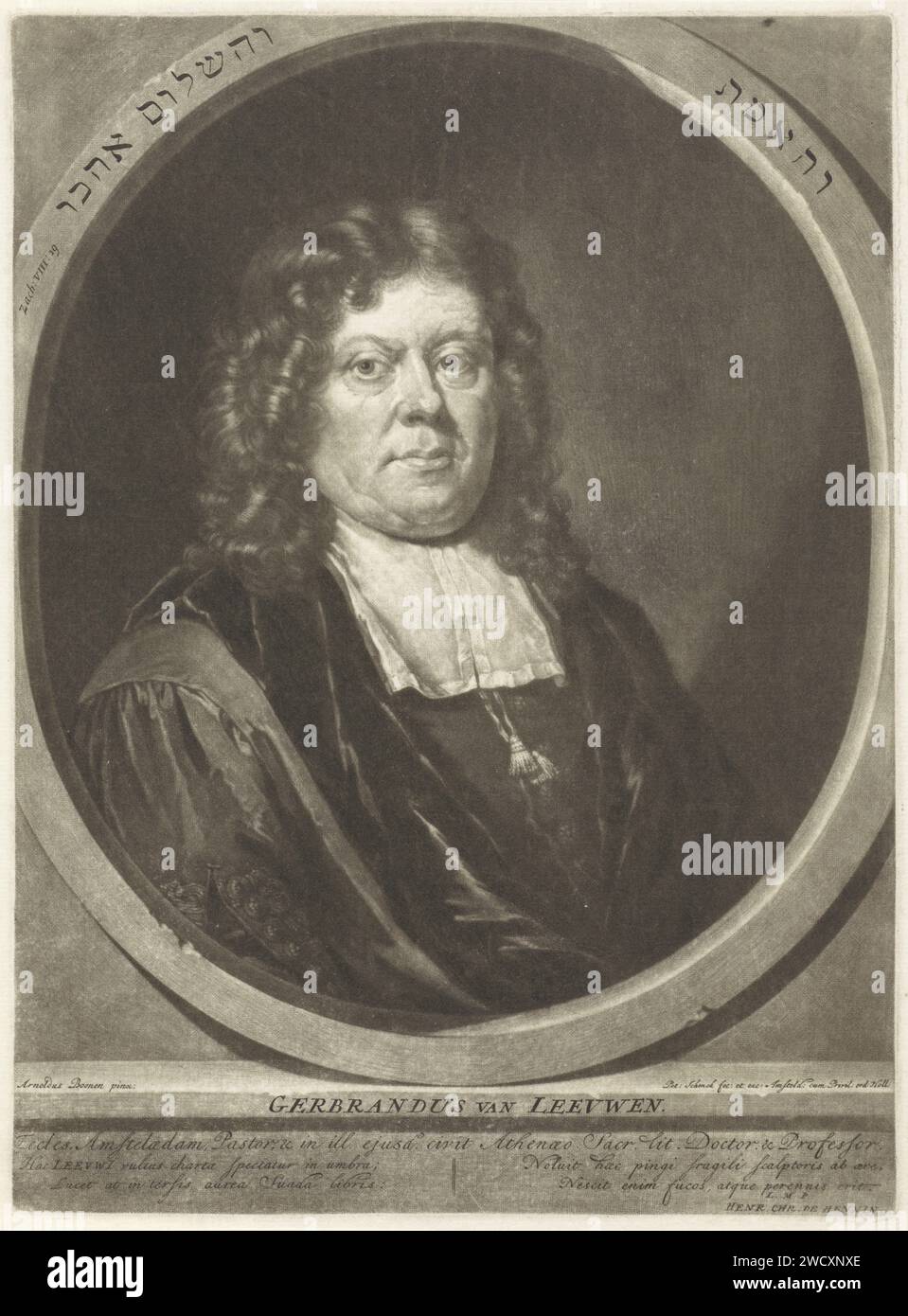 Ritratto del pastore e professore Gerbrand van Leeuwen, Pieter Schenk (i), dopo Arnold Boonen, 1670 - 1713 stampa Amsterdam paper Engraving Foto Stock