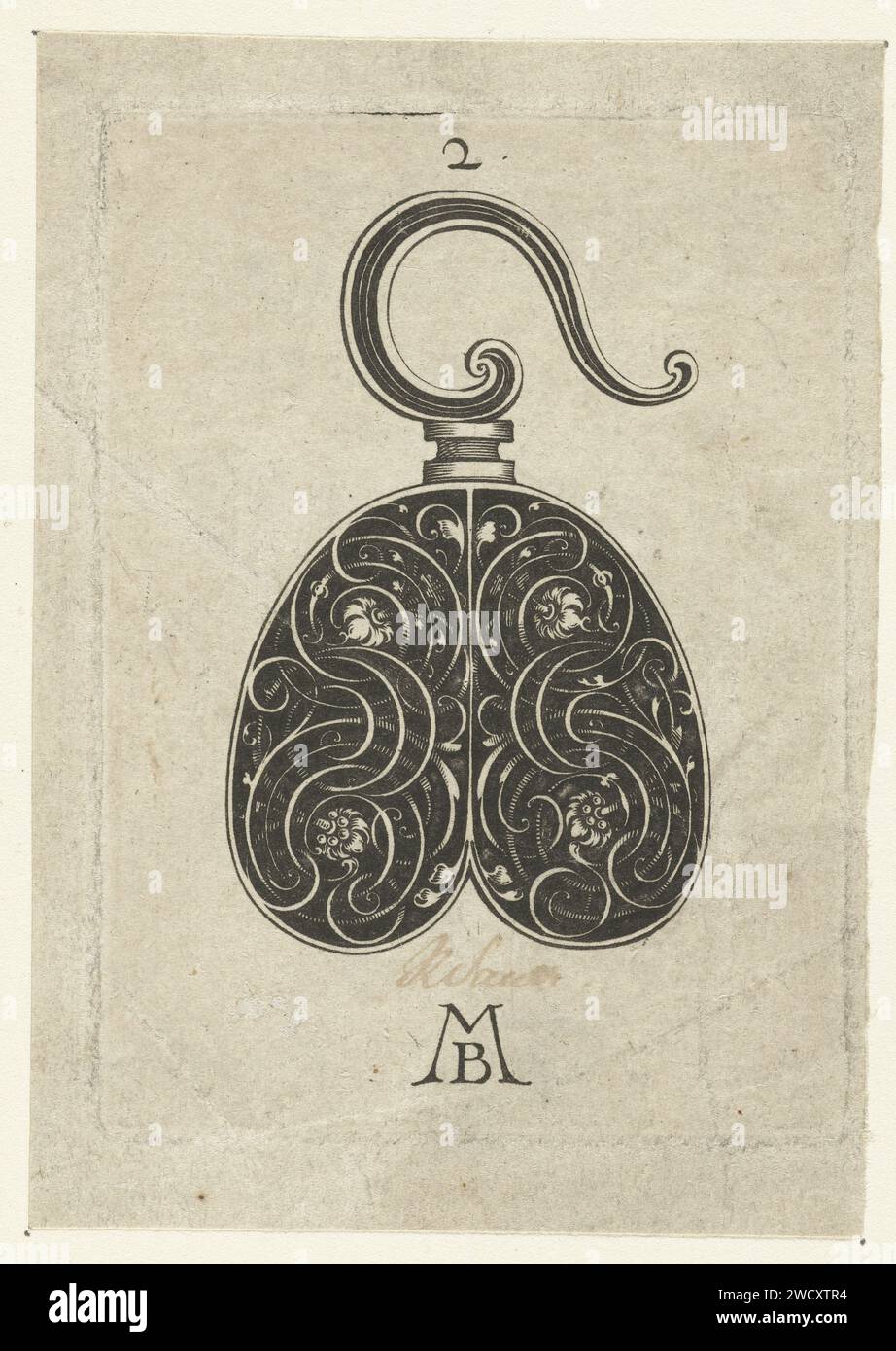 Uncino a forma di cuore, Michiel le Blon, stampa 1597 - 1656 l'uncino è decorato con tendine e quattro fiori. Incisione su carta di Amsterdam Foto Stock