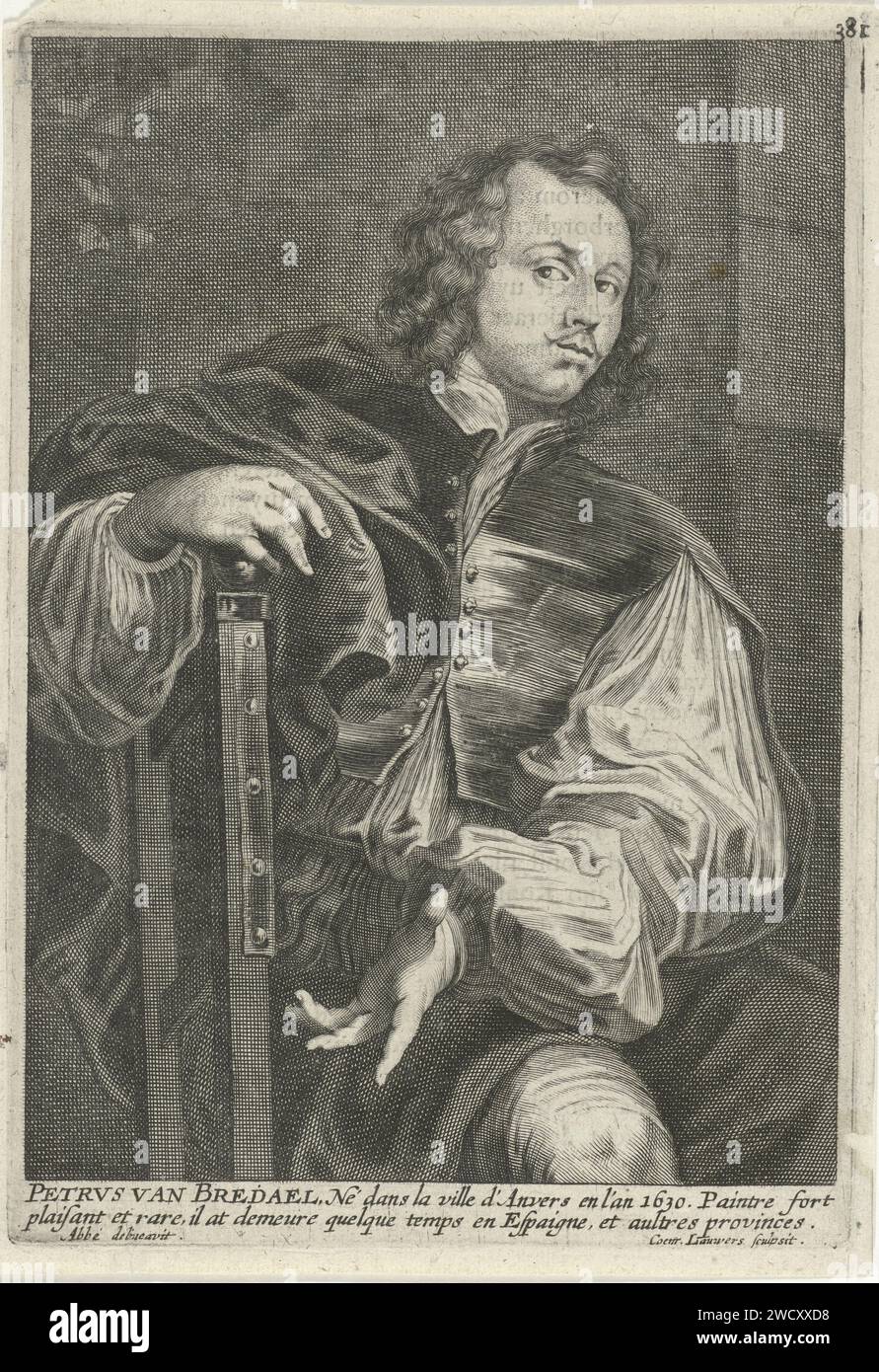 Ritratto di Peeter van Bredael, Conrad Lauwers, dopo Hendrik Abbé, 1662 stampa Ritratto di Peeter van Bredael, disegnatore e pittore. Ginocchio seduto su una sedia con il braccio destro sopra lo schienale. Nel margine è presente una didascalia bidirezionale in francese. Stampa in alto a destra contrassegnata da: 381. incisione su carta/stampa su carta Foto Stock