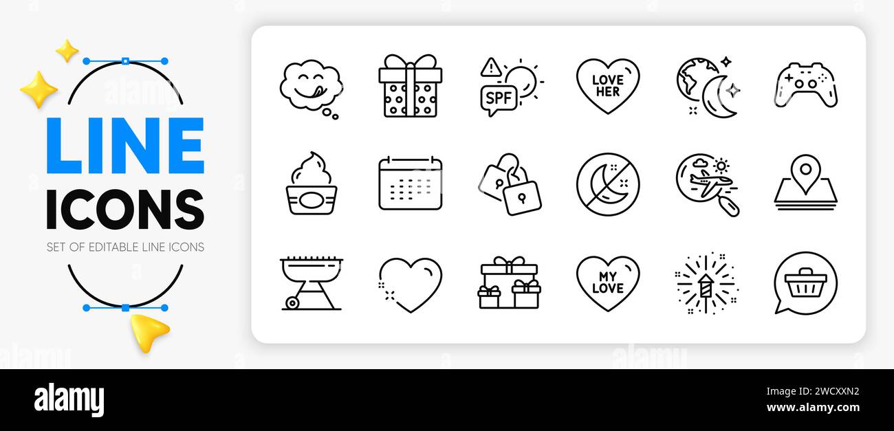 Icone Heart (cuore), Search flight (Cerca volo) e pin line Per l'app Web. Vettore Illustrazione Vettoriale