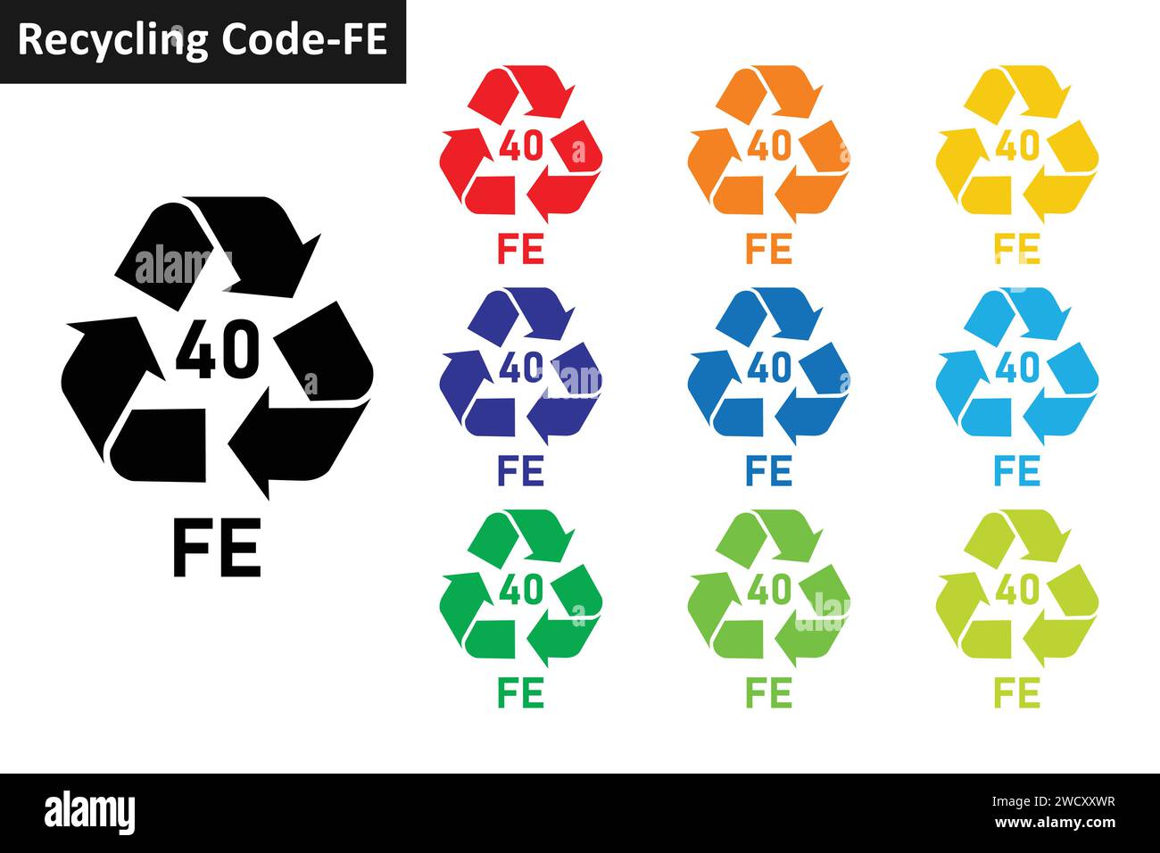 Set di icone del codice di riciclaggio del metallo del ferro. Simboli di riciclaggio dei metalli 40 FE. Collezione di icone Mobius Strip Metal Recycling code 40 in dieci colori. Illustrazione Vettoriale