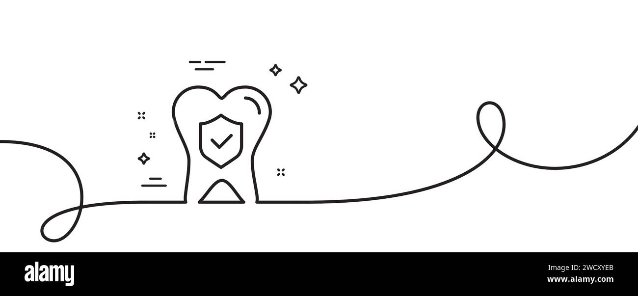 Icona della linea di assicurazione dentale. Segno di copertura del rischio di medicina orale. Linea continua con arricciatura. Vettore Illustrazione Vettoriale