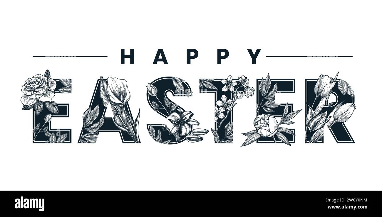 Striscione, poster o cartolina di auguri con motivi floreali. Illustrazione di uno schizzo vettoriale disegnato a mano. Lettere con disposizione floreale. Vacanze Illustrazione Vettoriale