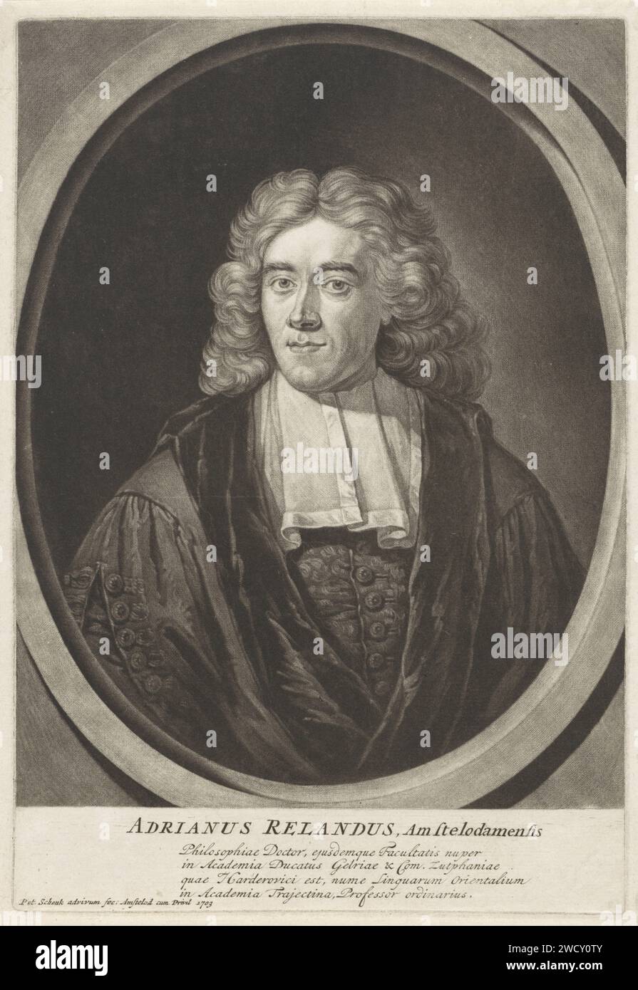 Ritratto di Adriaan Reland, Pieter Schenk (i), 1703 stampa Busto del professore Adriaan Reland con abito. Incisione su carta di Amsterdam Foto Stock