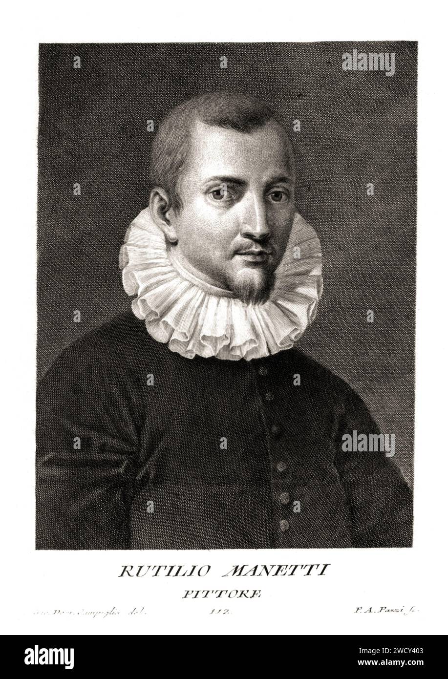1600 c., ITALIA : il pittore italiano RUTILIO MANETTI ( 1571 - 1639 ), del tardo manierismo o proto-barocco , attivo principalmente a Siena ( Toscana ). . Ritratto di Giovanni Domenico Campiglia , inciso da P.A. Pazzi . - STORIA - FOTO STORICHE - RITRATTO - RITRATTO - barba - ARTE - ARTI VISIVE - ARTI VISIVE - PITTORE - incisione - illustrazione - illustratore - PITTORE - RINASCIMENTO - gorgiera - colletto - colletto --- ARCHIVIO GBB Foto Stock