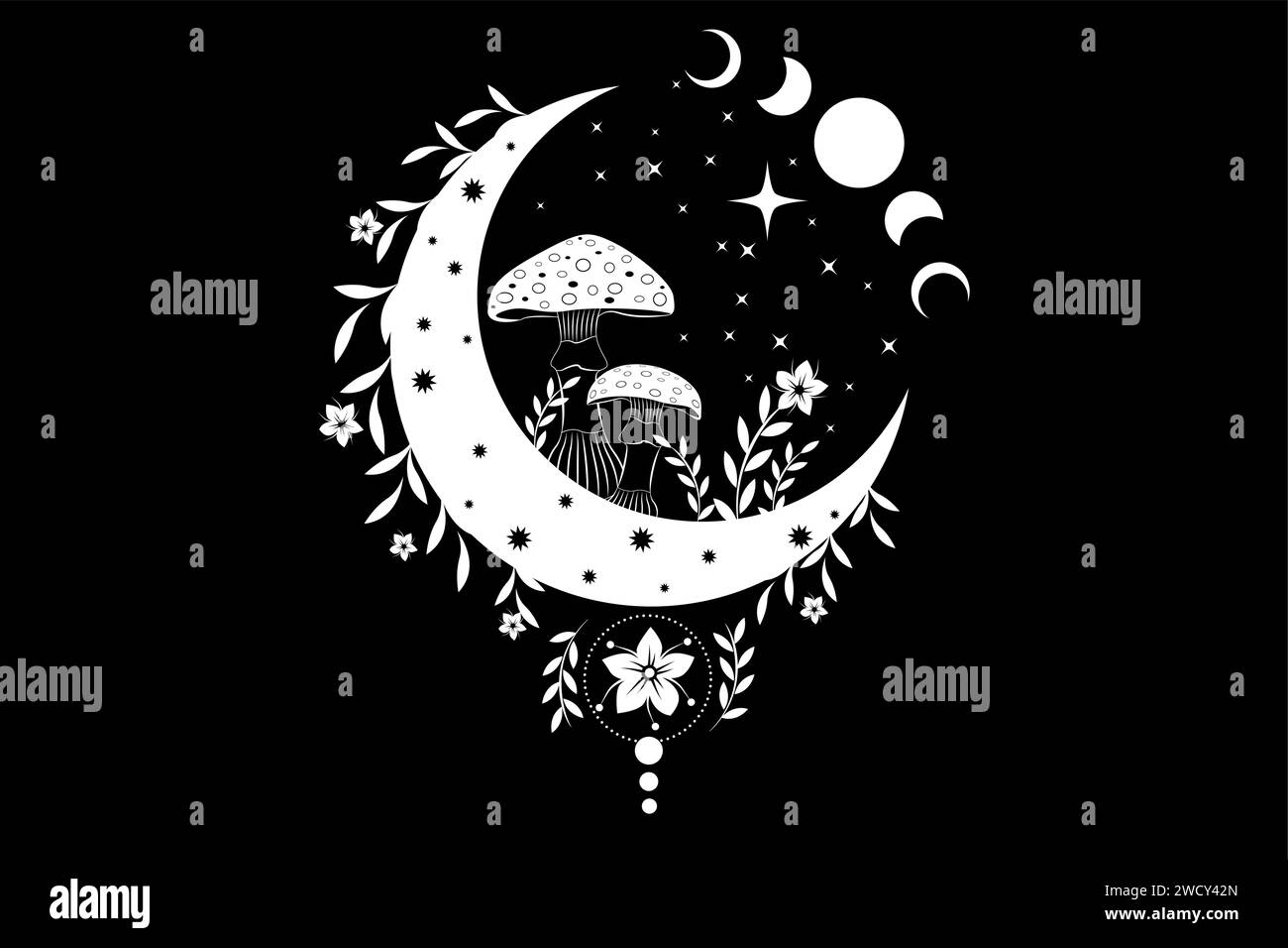 Funghi magici sulla mistica luna a mezzaluna in stile boho, Amanita Muscaria celeste e fase lunare, simbolo della stregoneria, logo bianco esoterico stregoneria Illustrazione Vettoriale