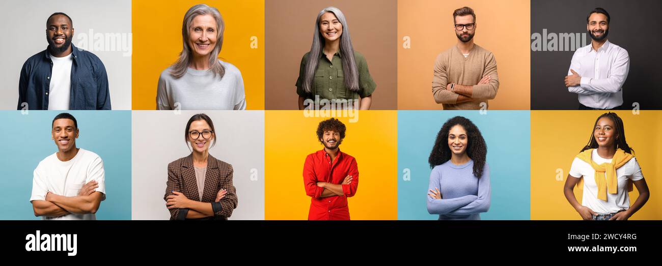Un collage mostra una serie multiculturale di individui che si presentano con sicurezza e facilità, ciascuno su uno sfondo dai colori vivaci. Il concetto di scatto per celebrare l'individualità e la diversità Foto Stock