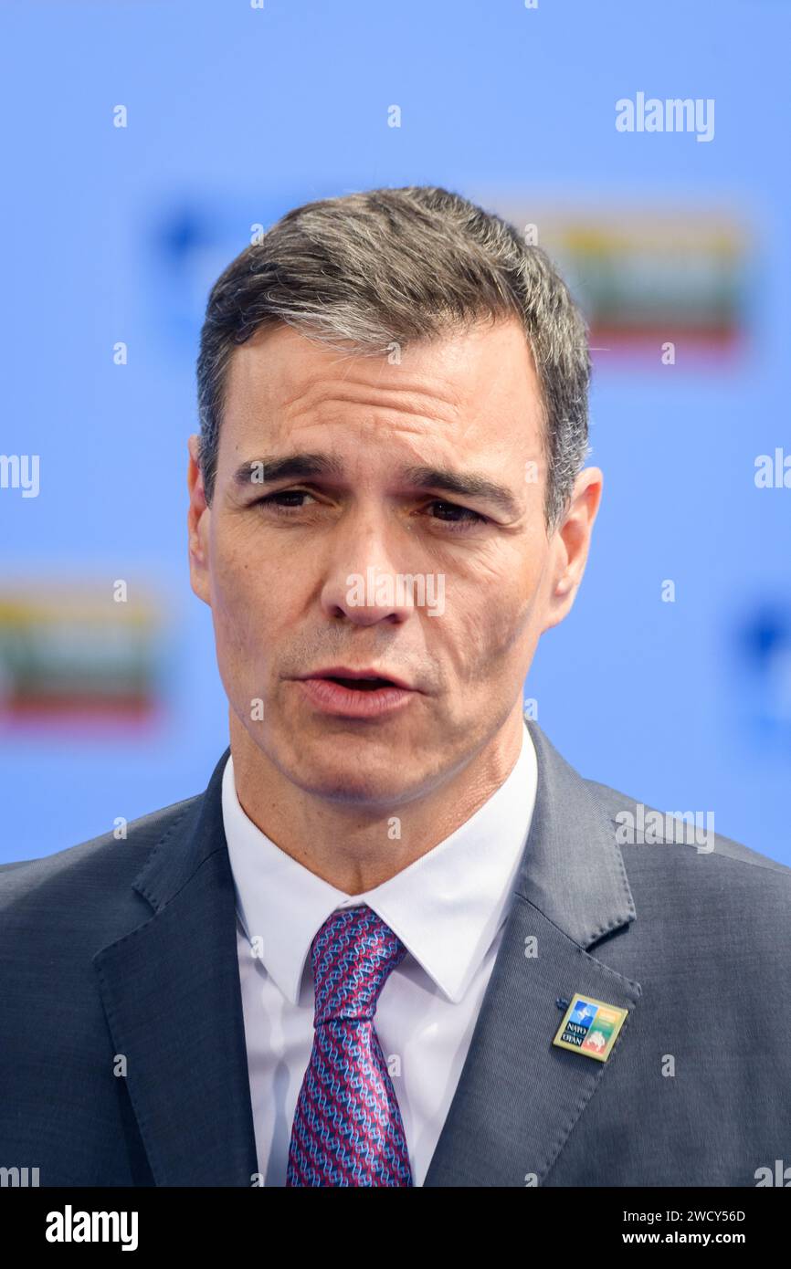 VILNIUS, LITUANIA. 11 luglio 2023. Pedro Sanchez, primo ministro spagnolo, durante il VERTICE NATO 2023. Vilnius, Lituania. Foto Stock